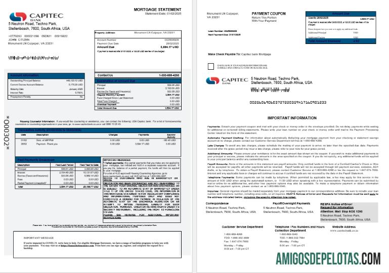 Extrato de hipoteca do Capitec Bank dos EUA em formatos Word e PDF 1 2 exemplo real